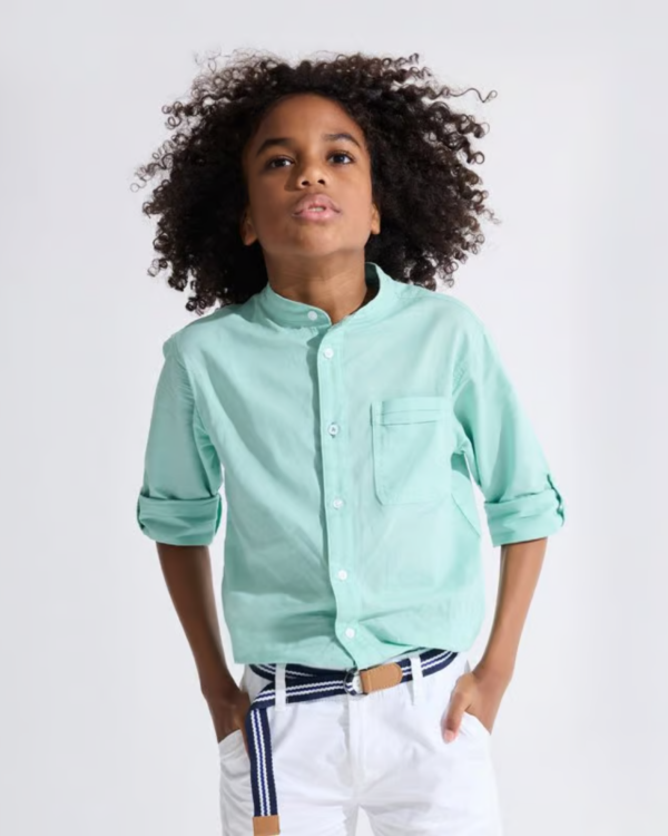 Chemise unie col Mao en coton biologique - Vert