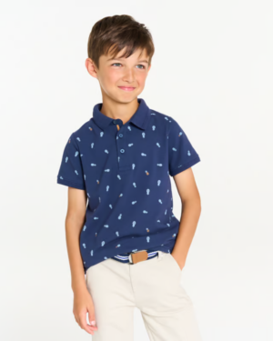 Polo imprimé en coton bio - Bleu